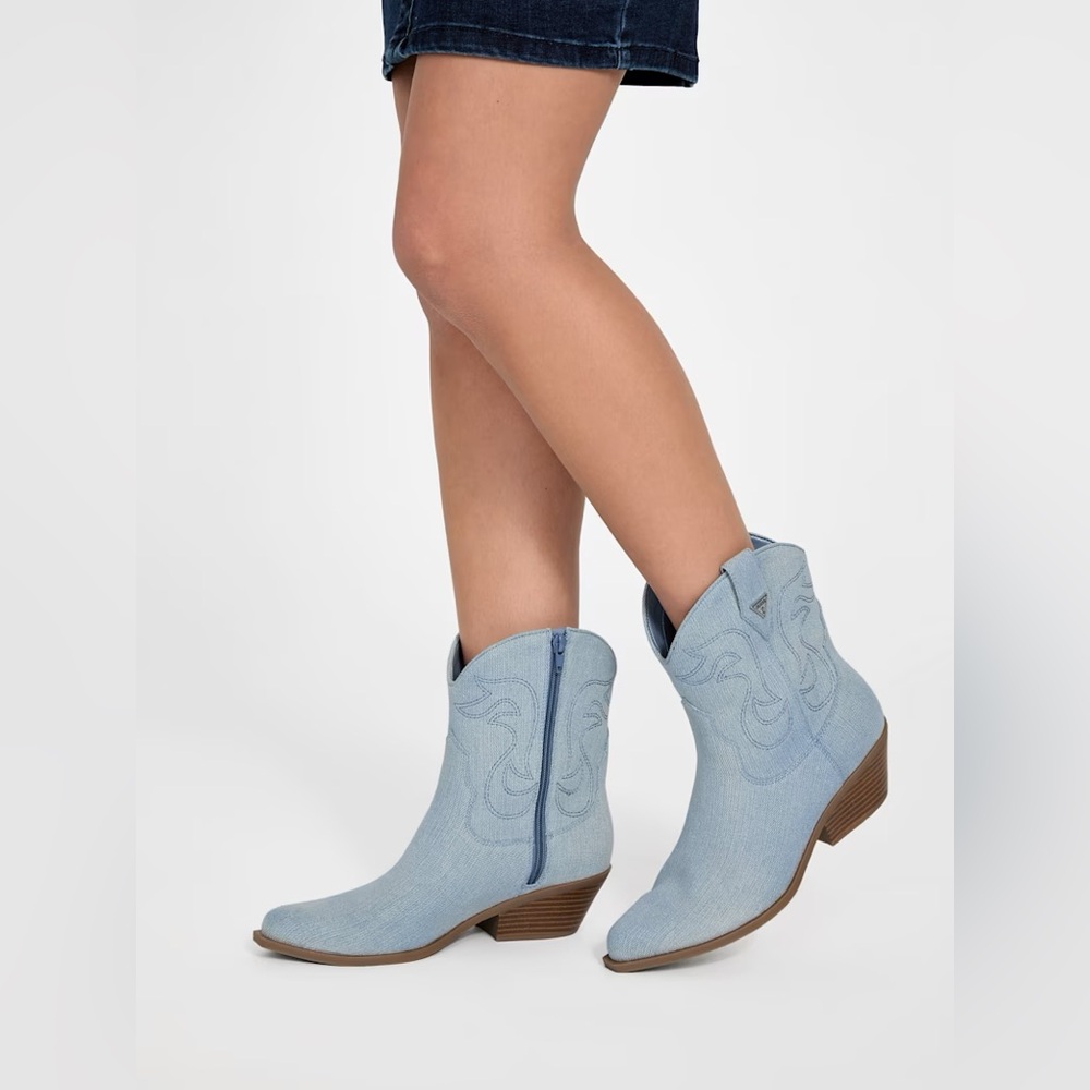 Guess Daleton Denim Cowboy Booties Western Ankle Boots